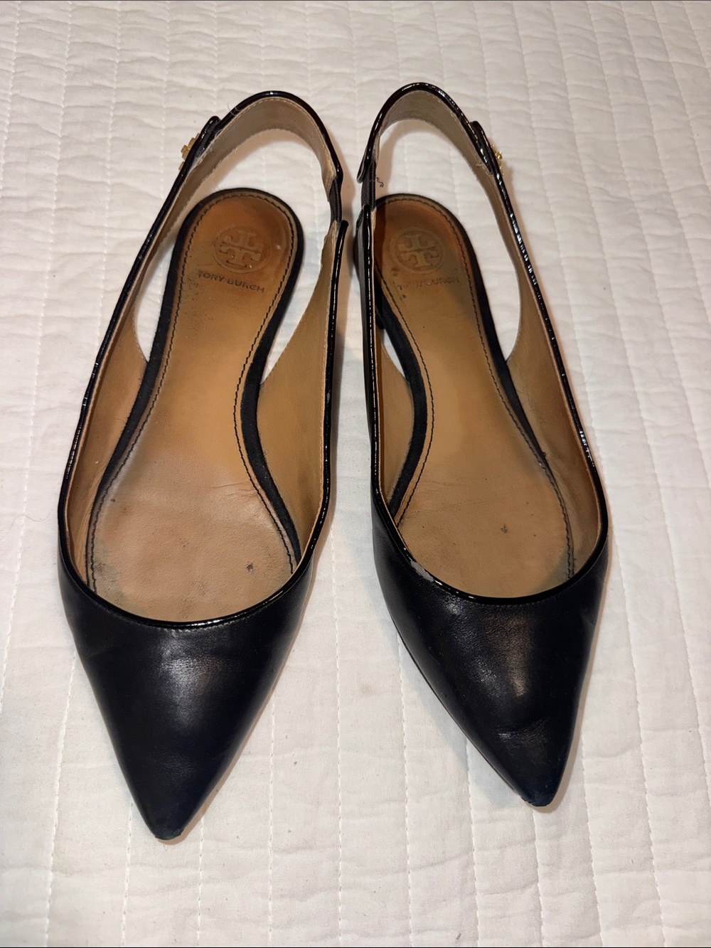 Tory Burch Black Leather Pointed Sling-back with Gold logo Flats Size 6.5